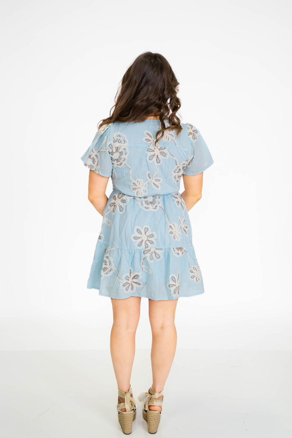 Blue Floral Embroidered Mini Dress
