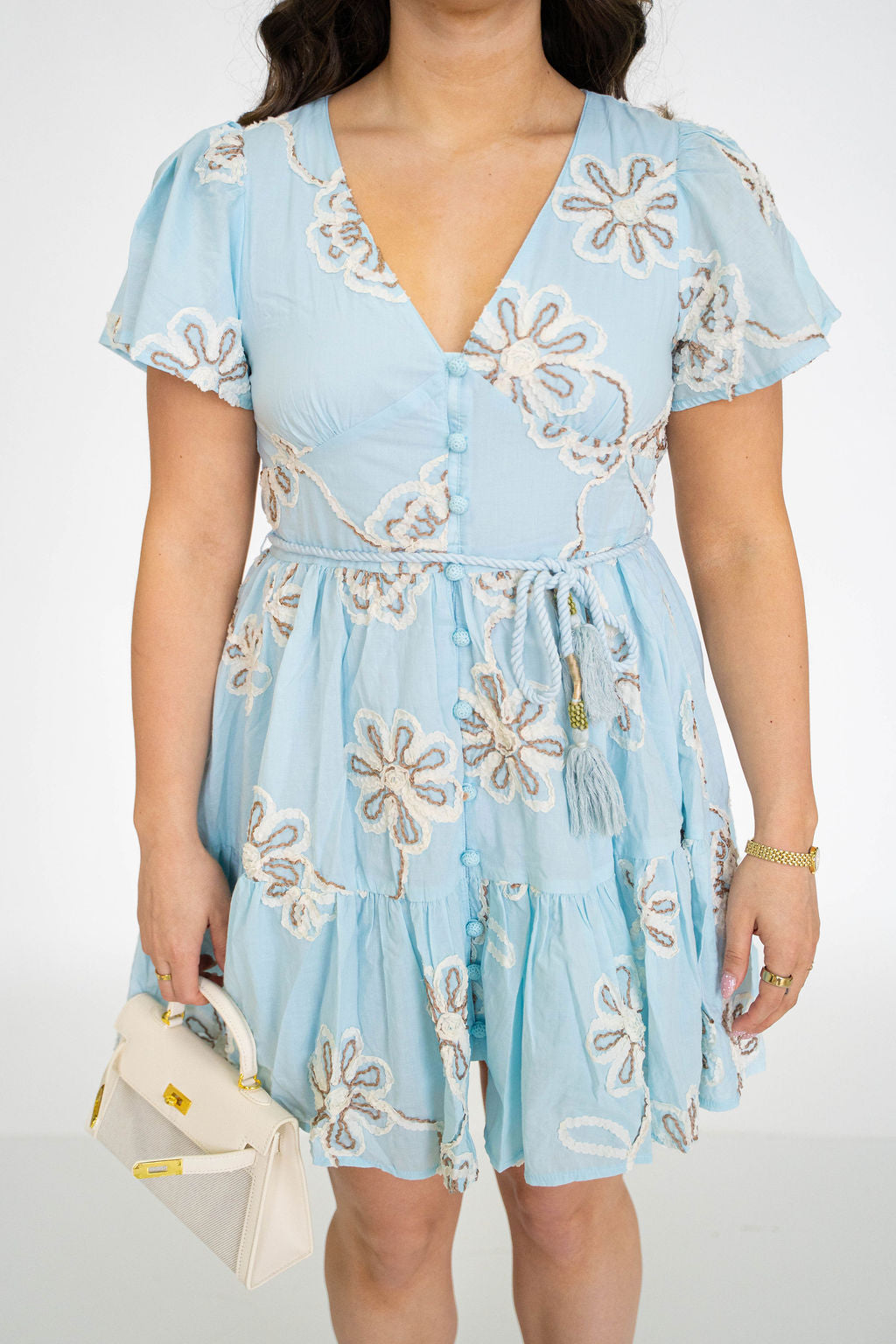 Blue Floral Embroidered Mini Dress