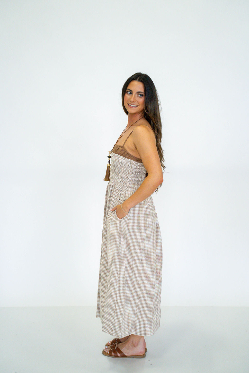 Sand Gingham Smocked Maxi