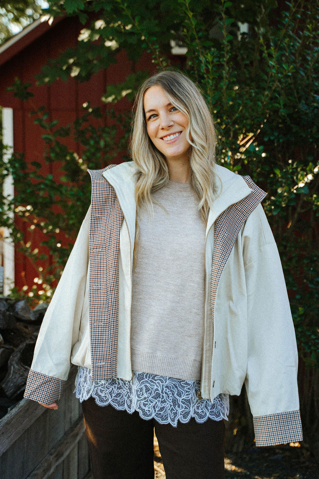 Heathered Knit Crewneck Eyelash Lace Layered Hem Sweater