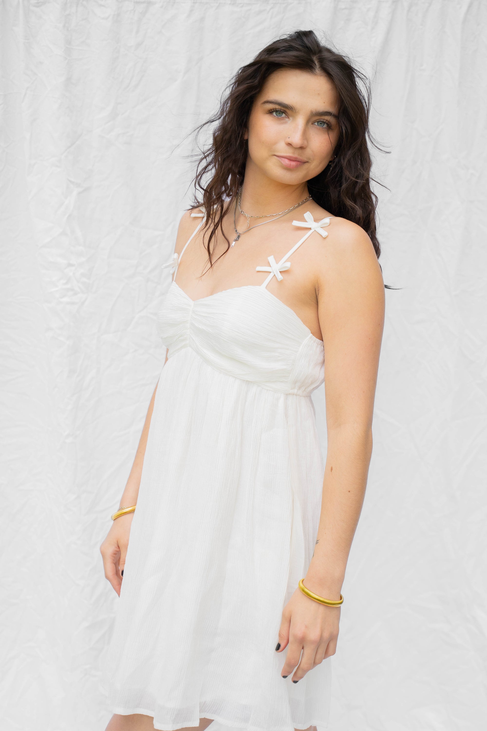 White Bow Detail Strap Mini Dress