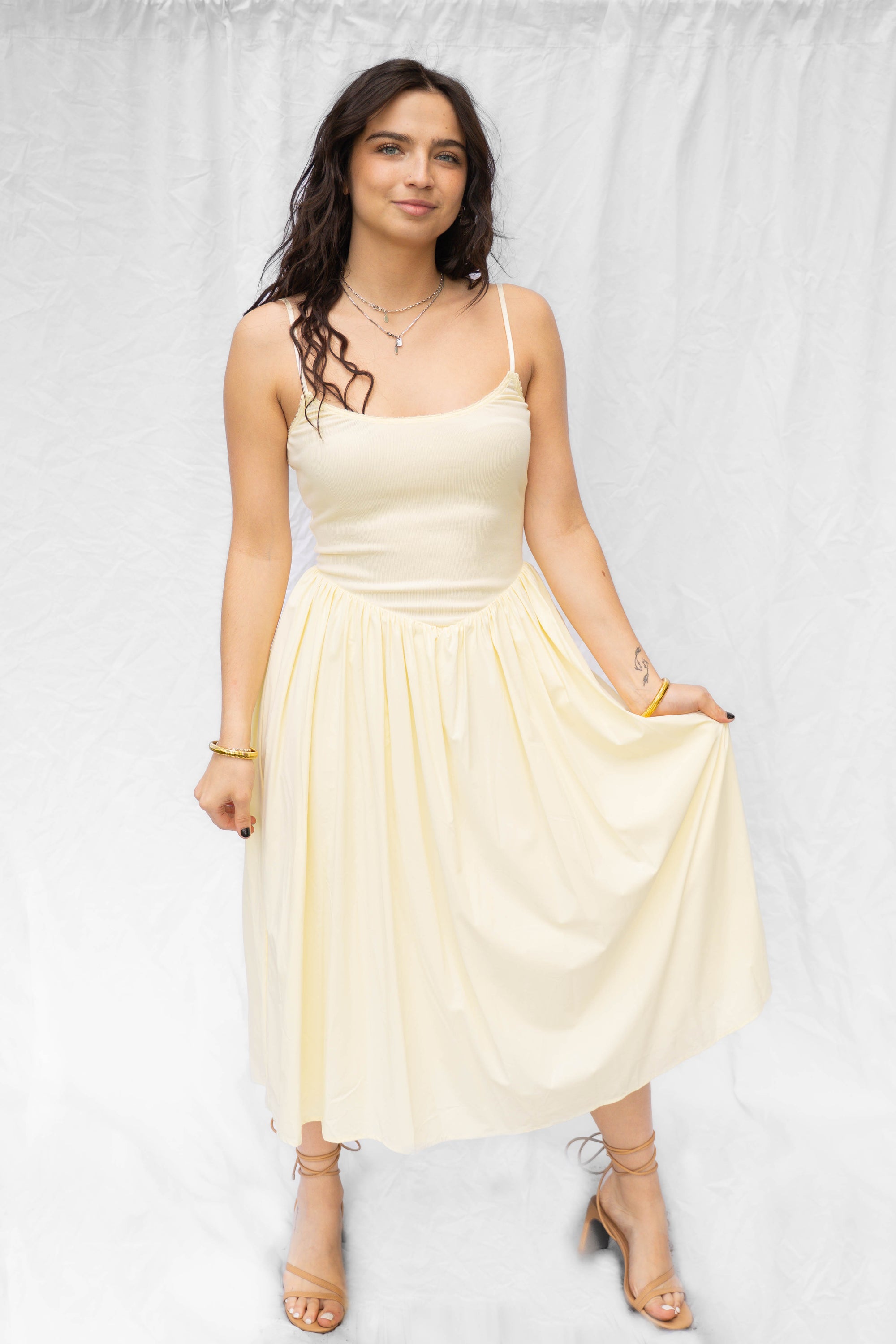 Haven Butter Yellow Drop Waist Mix Media Dress