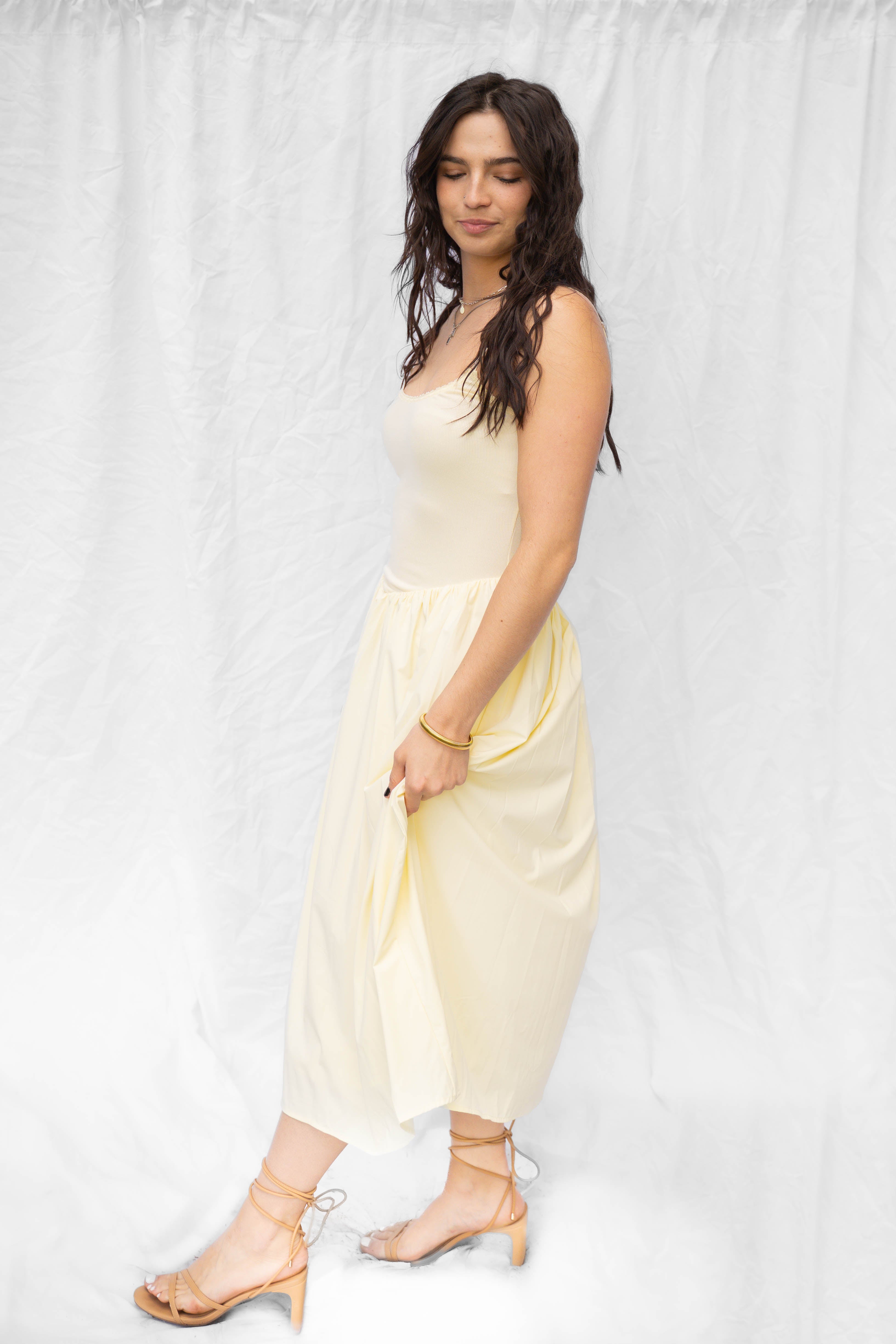 Haven Butter Yellow Drop Waist Mix Media Dress - Small Haven Butter Yellow Drop Waist Mix Media Dress - Small