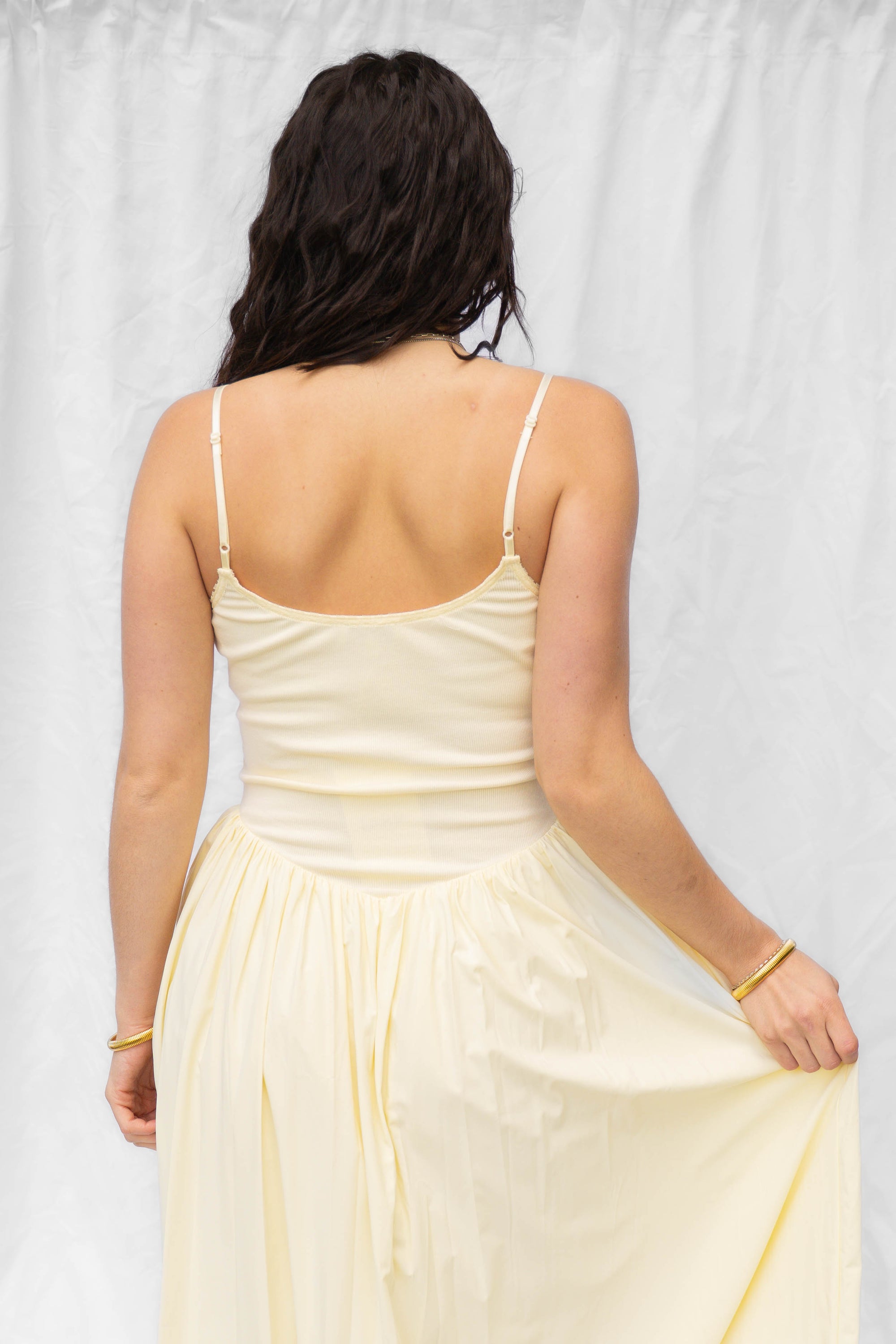 Haven Butter Yellow Drop Waist Mix Media Dress