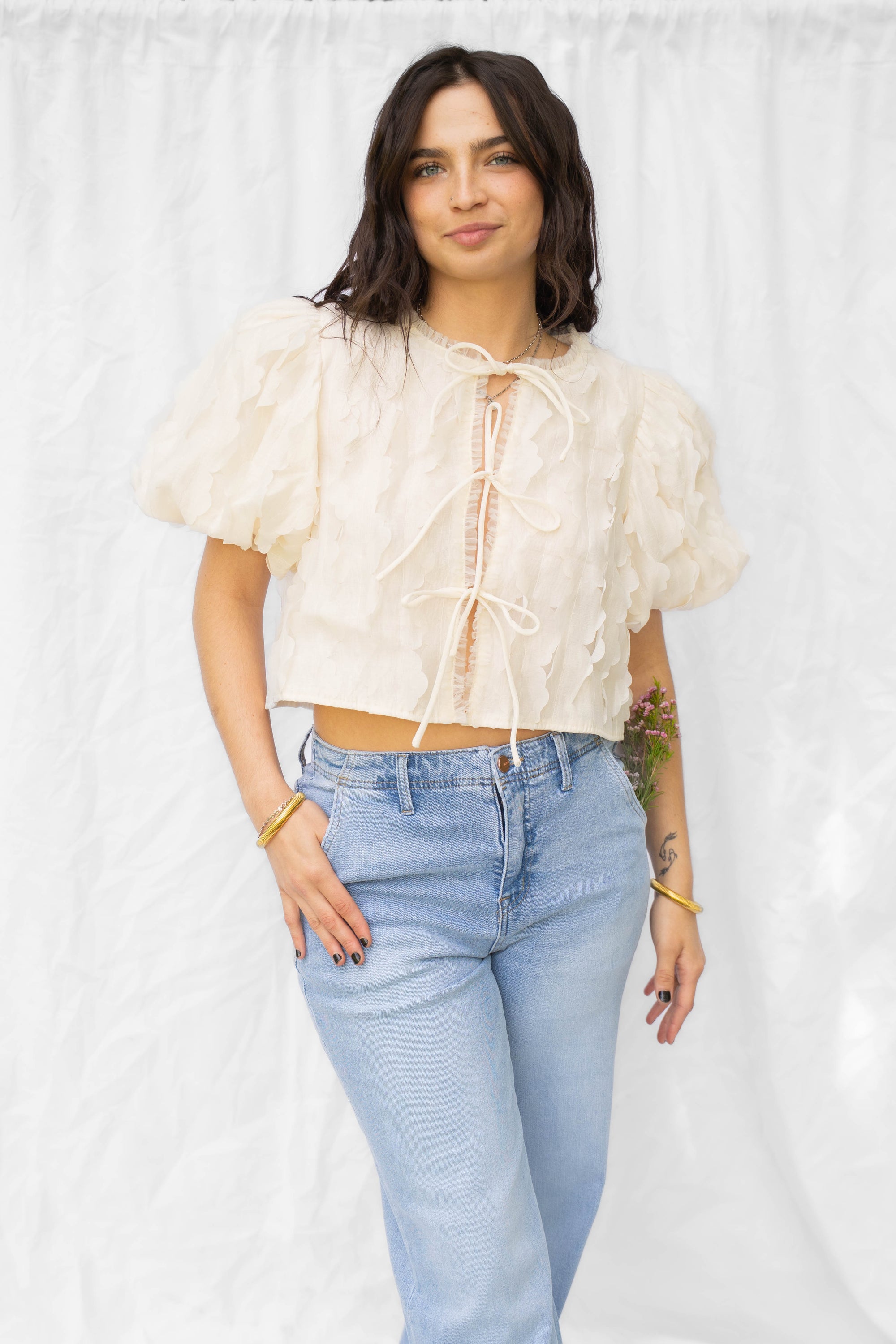 Cream Floral Textured Applique Tie Top