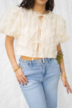 Cream Floral Textured Applique Tie Top