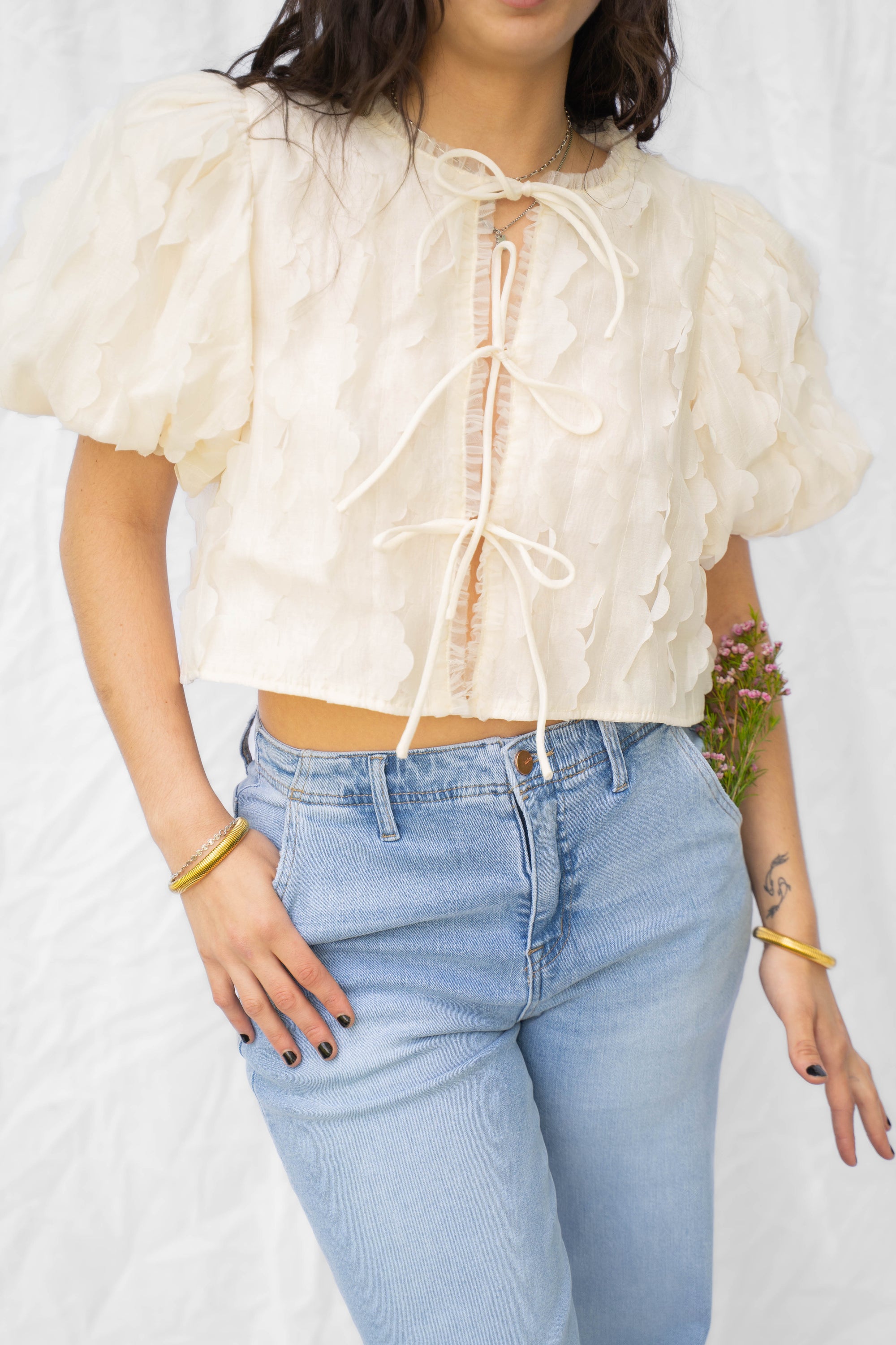 Cream Floral Textured Applique Tie Top