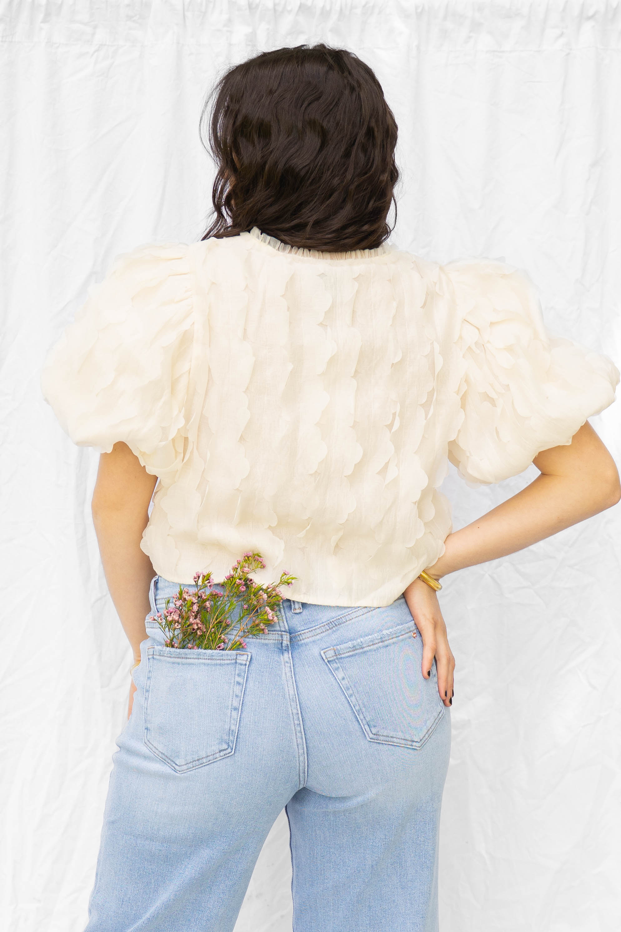 Cream Floral Textured Applique Tie Top