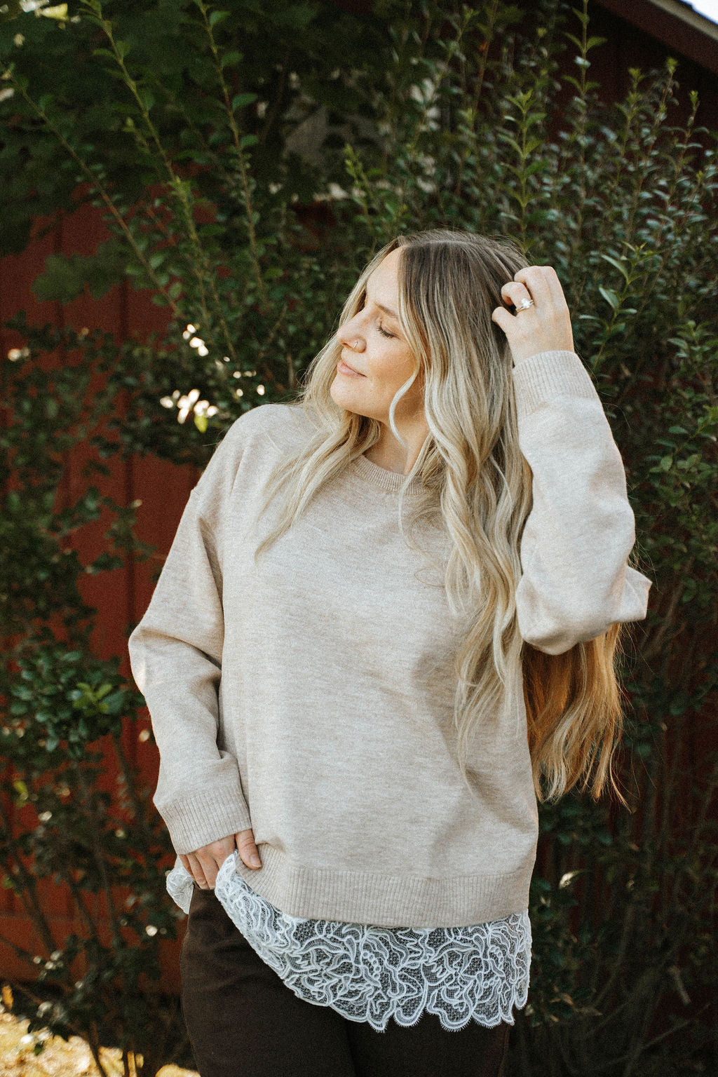 Heathered Knit Crewneck Eyelash Lace Layered Hem Sweater