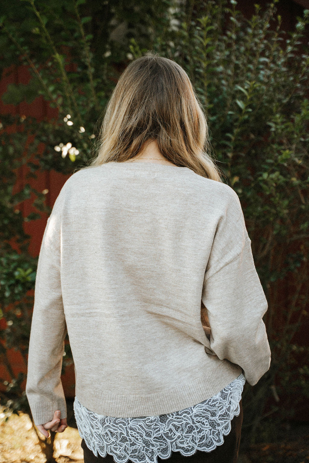 Heathered Knit Crewneck Eyelash Lace Layered Hem Sweater