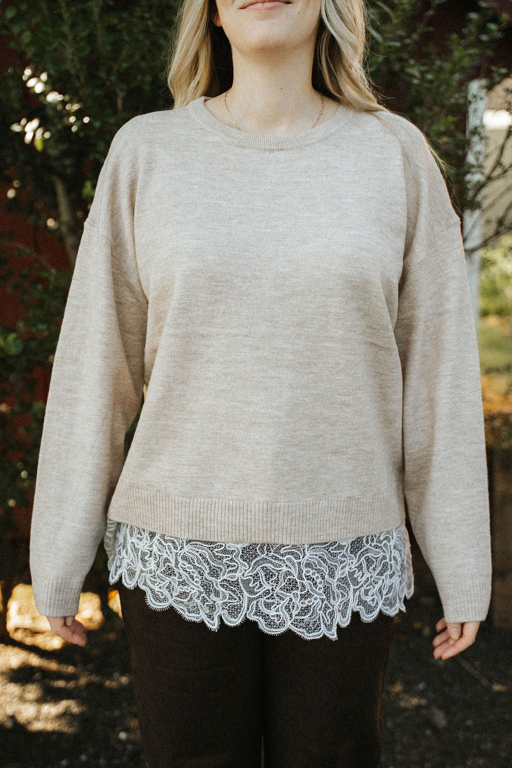 Heathered Knit Crewneck Eyelash Lace Layered Hem Sweater