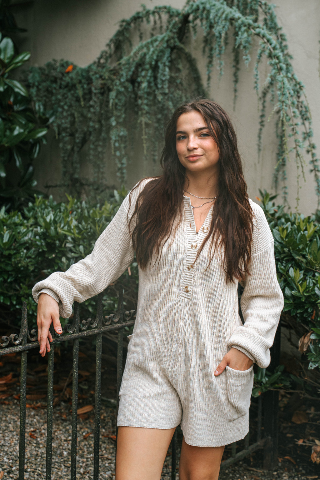 Cozy Chic Knit Romper- Tan Beige