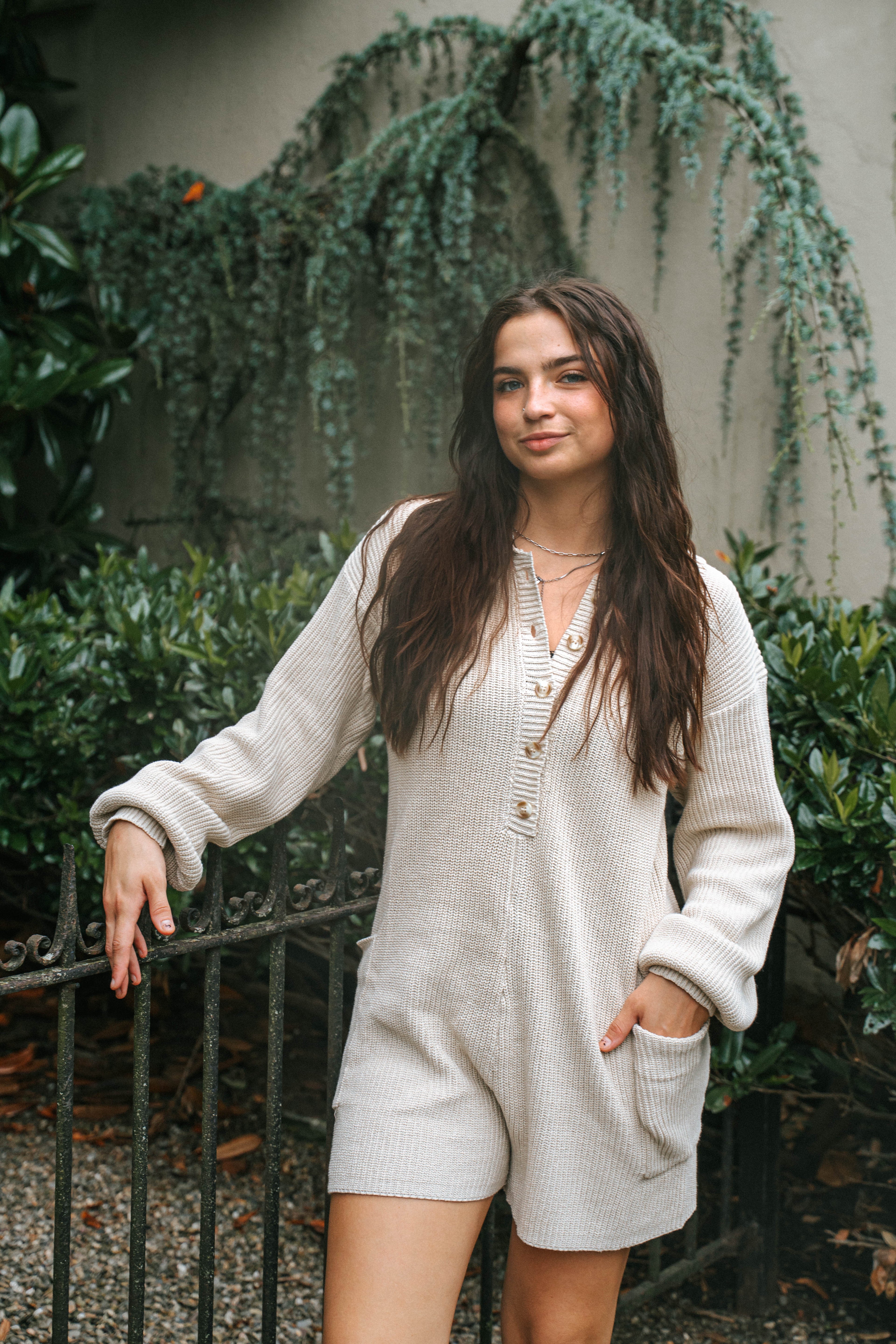 Cozy Chic Knit Romper- Tan Beige