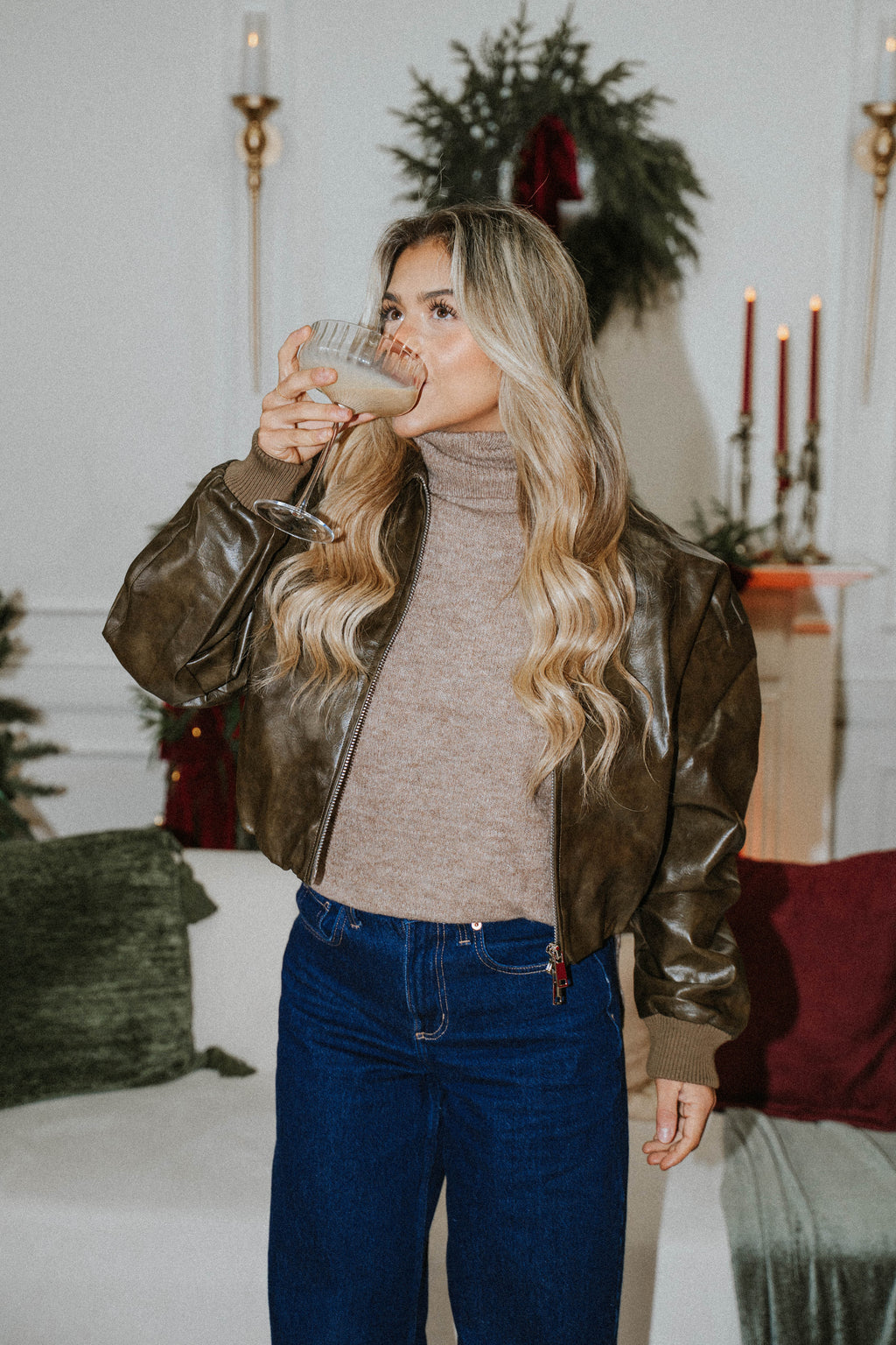 Espresso Faux Leather Bomber- Olive