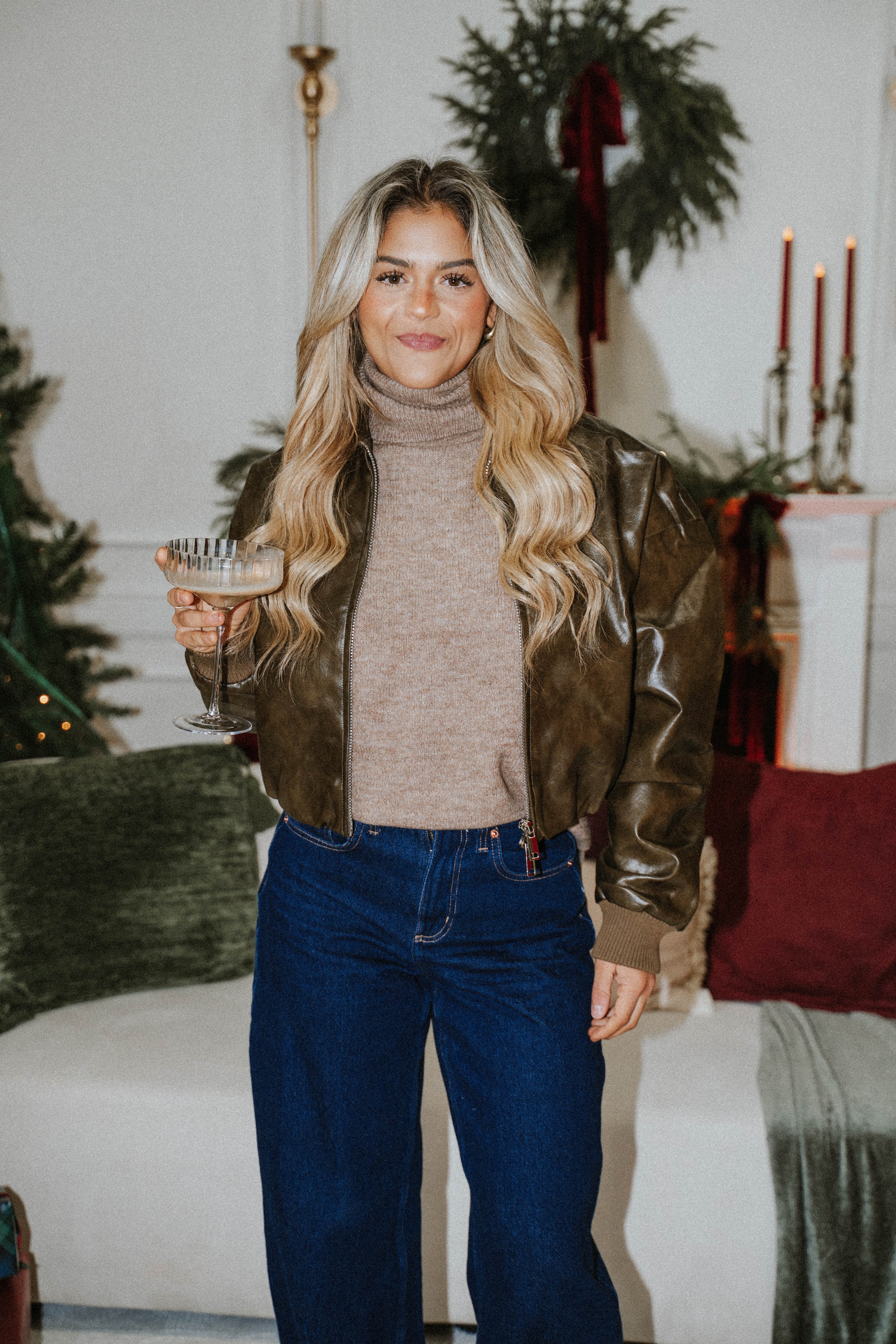 Espresso Faux Leather Bomber- Olive