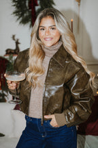 Espresso Faux Leather Bomber- Olive