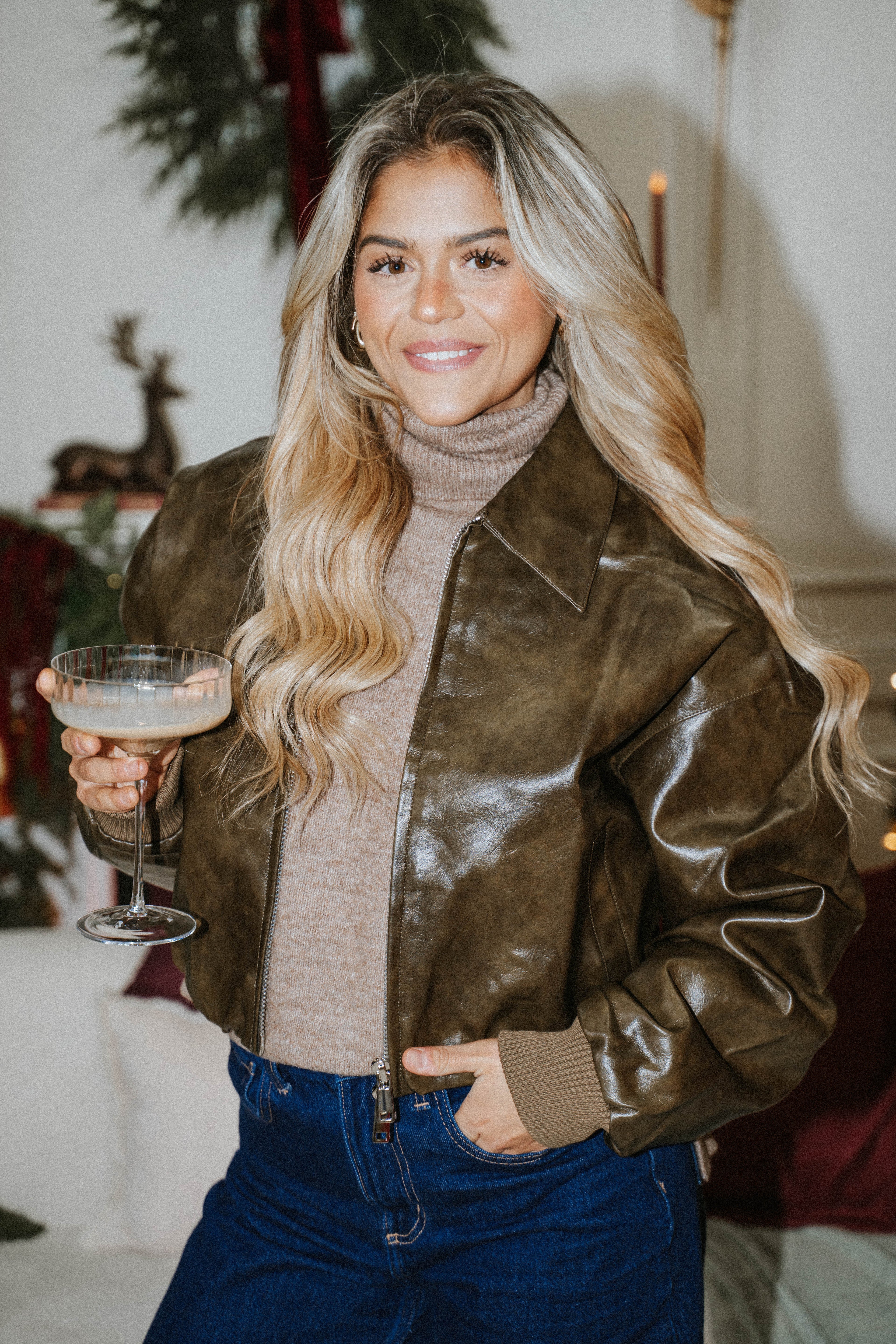 Espresso Faux Leather Bomber- Olive