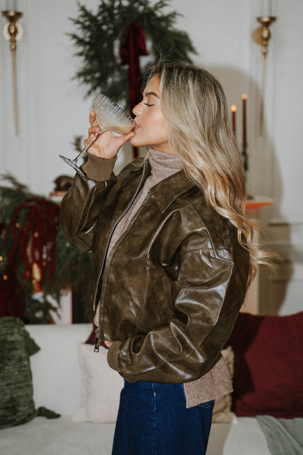 Espresso Faux Leather Bomber- Olive
