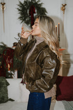 Espresso Faux Leather Bomber- Olive