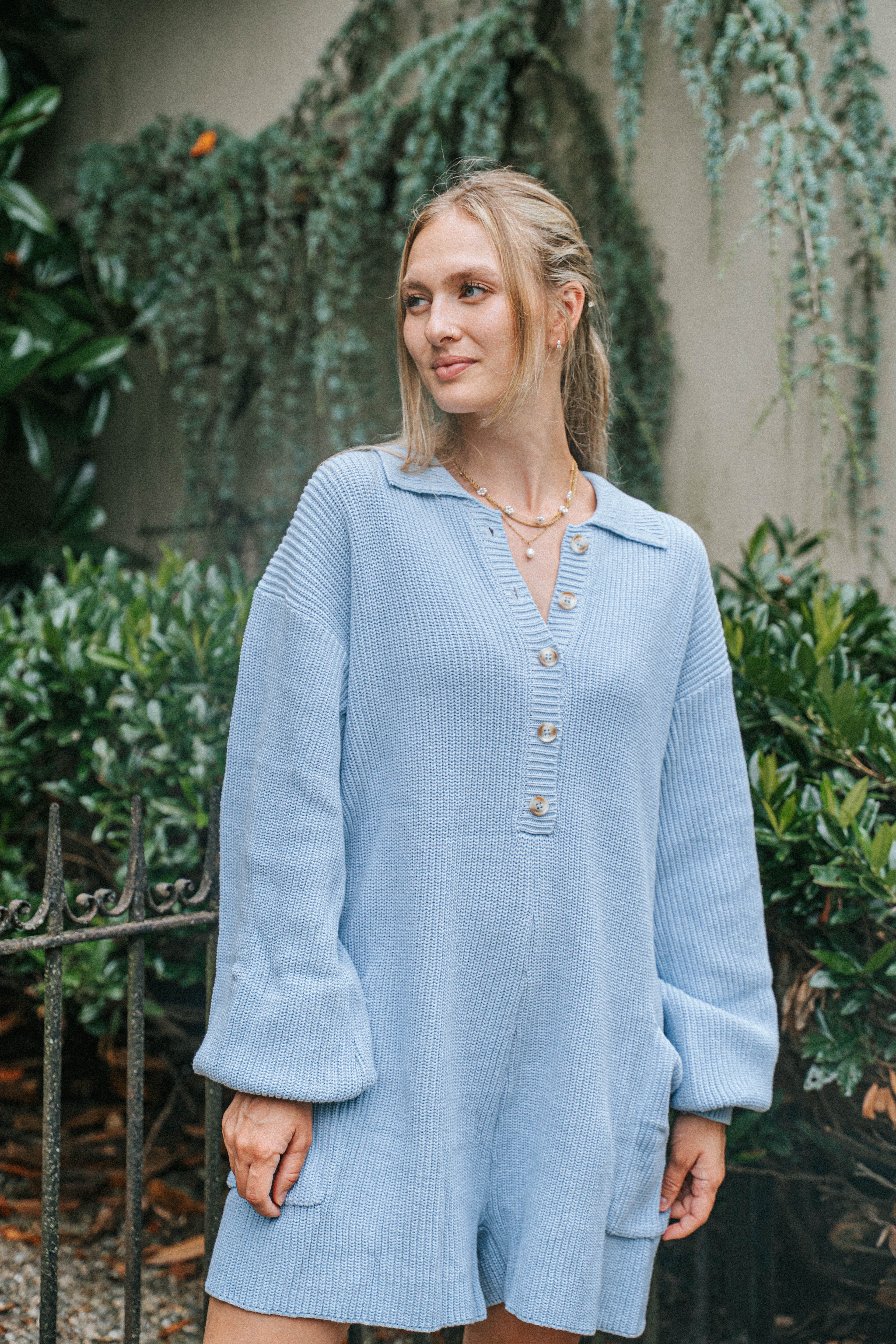 Cozy Chic Knit Romper – Light Blue