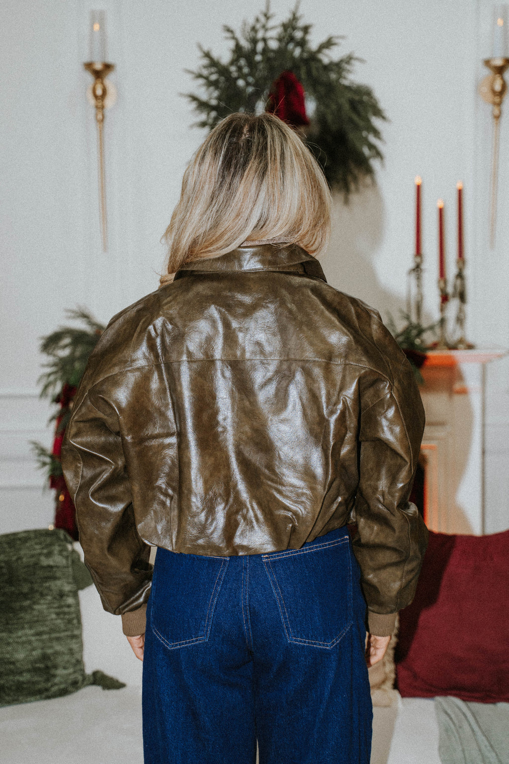 Espresso Faux Leather Bomber- Olive