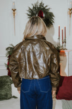 Espresso Faux Leather Bomber- Olive