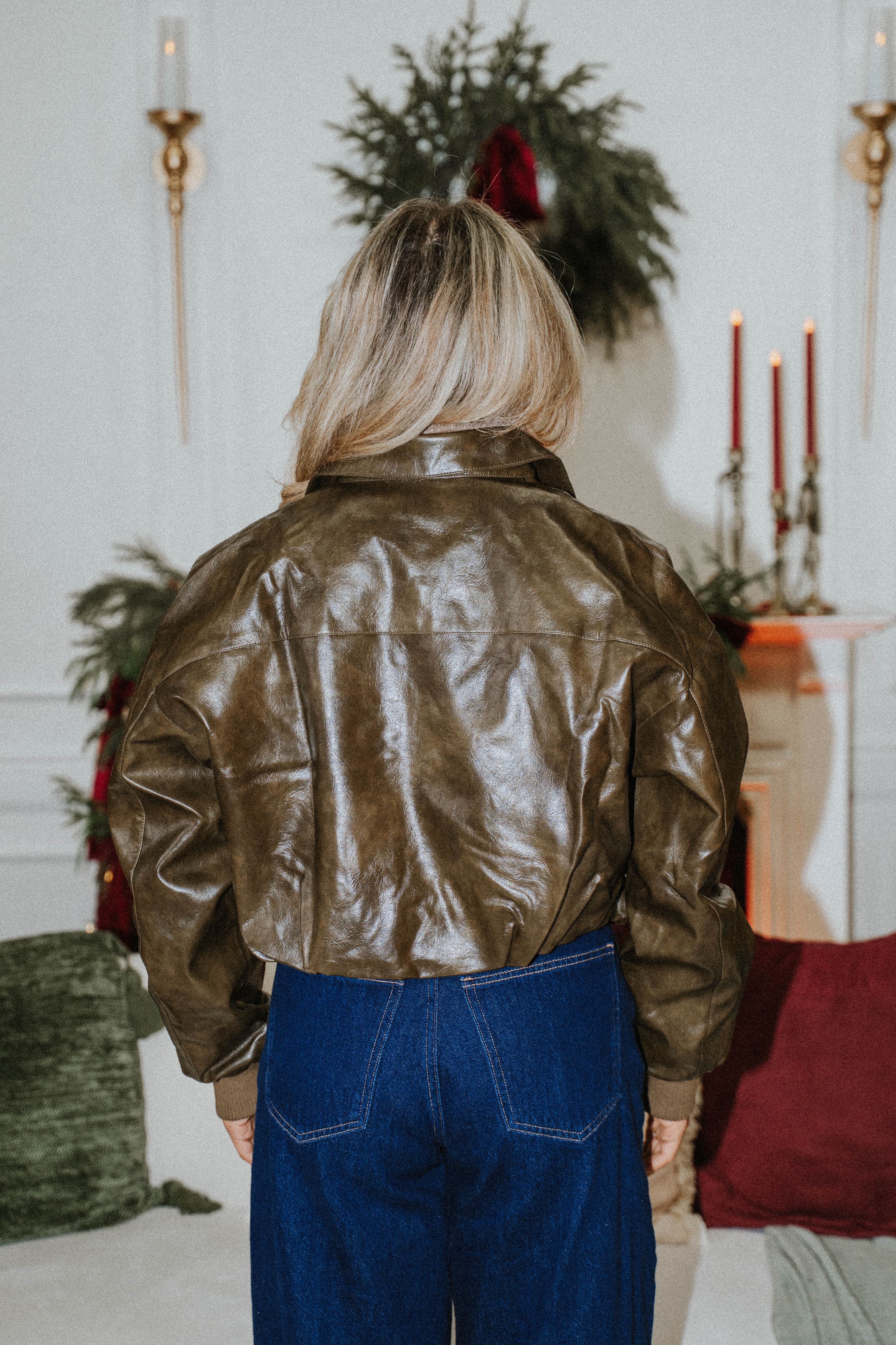 Espresso Faux Leather Bomber- Olive