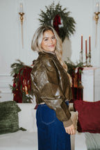 Espresso Faux Leather Bomber- Olive