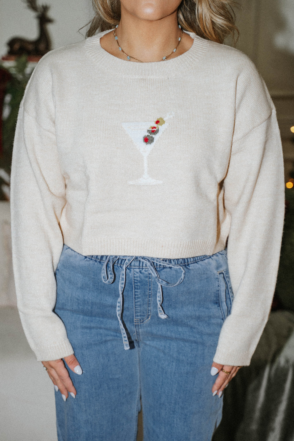 Holiday Cheers Martini Sweater- Tan