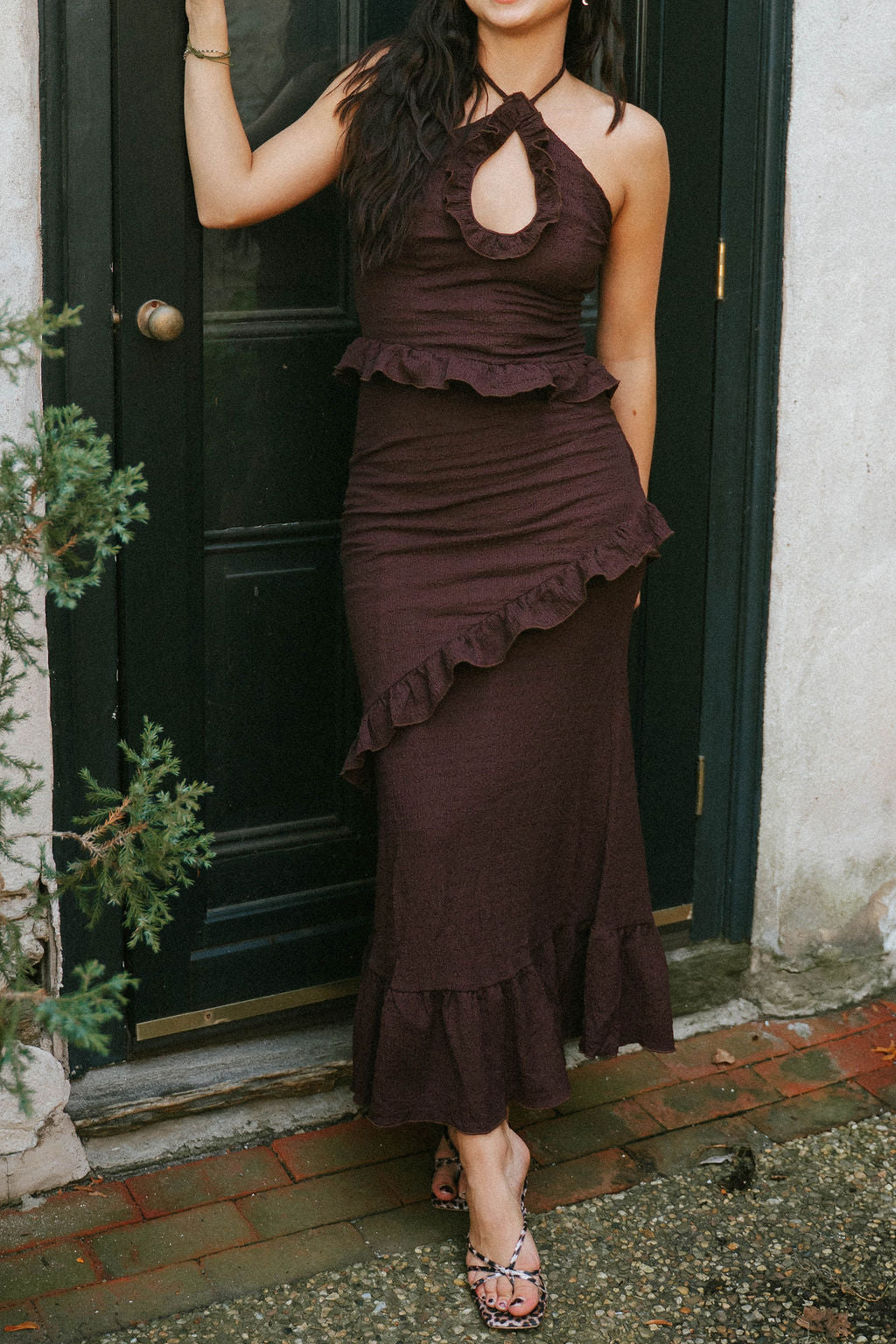 The Isla Dress Chocolate | Ruffle Halter Maxi | Coco & Coast Boutique Large The Isla Dress Chocolate | Ruffle Halter Maxi | Coco & Coast Boutique Large