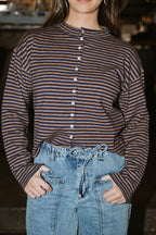 Midnight Lounge Stripe Henley Top-Navy/Mocha