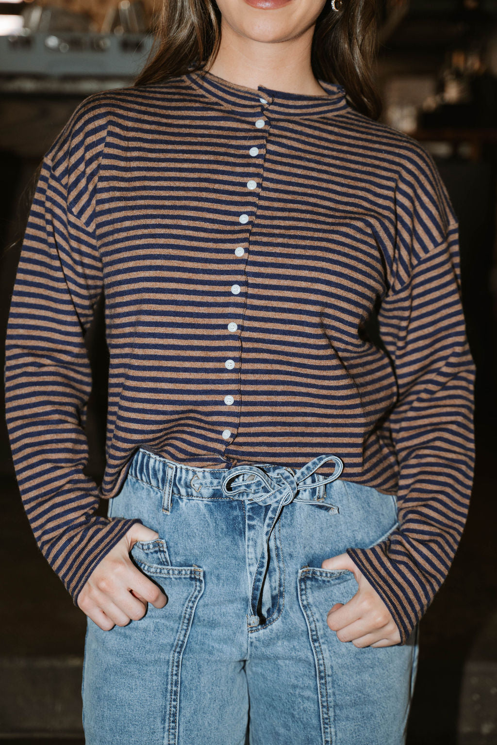 Midnight Lounge Stripe Henley Top-Navy/Mocha