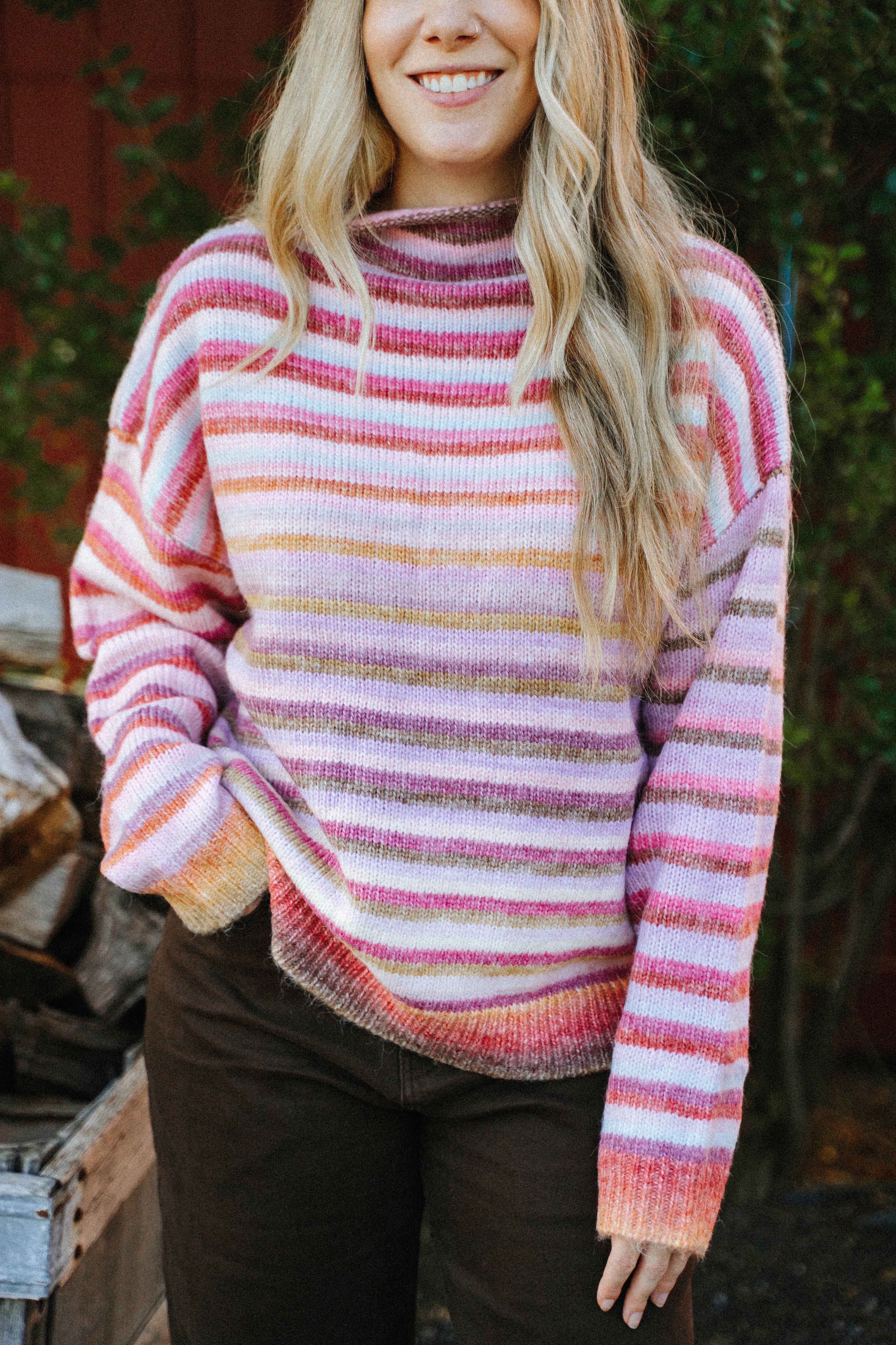 Harvest Lane Stripe Sweater- Berry