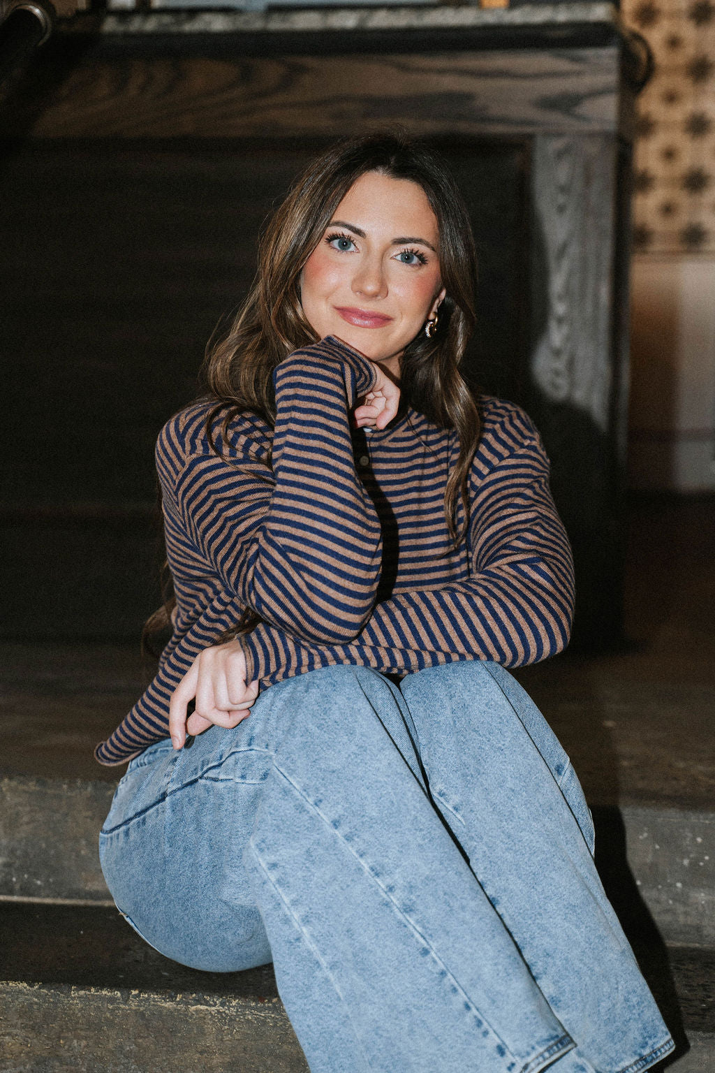 Midnight Lounge Stripe Henley Top-Navy/Mocha