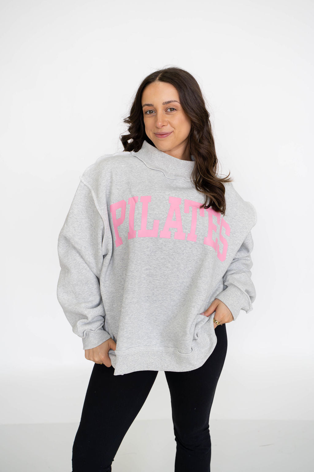 PILATES/YOGA Reversible Mockneck-Heather Grey/Pink