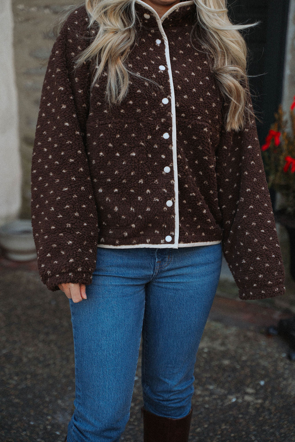 Sugar Cookie Sherpa Snap Jacket- Chocolate