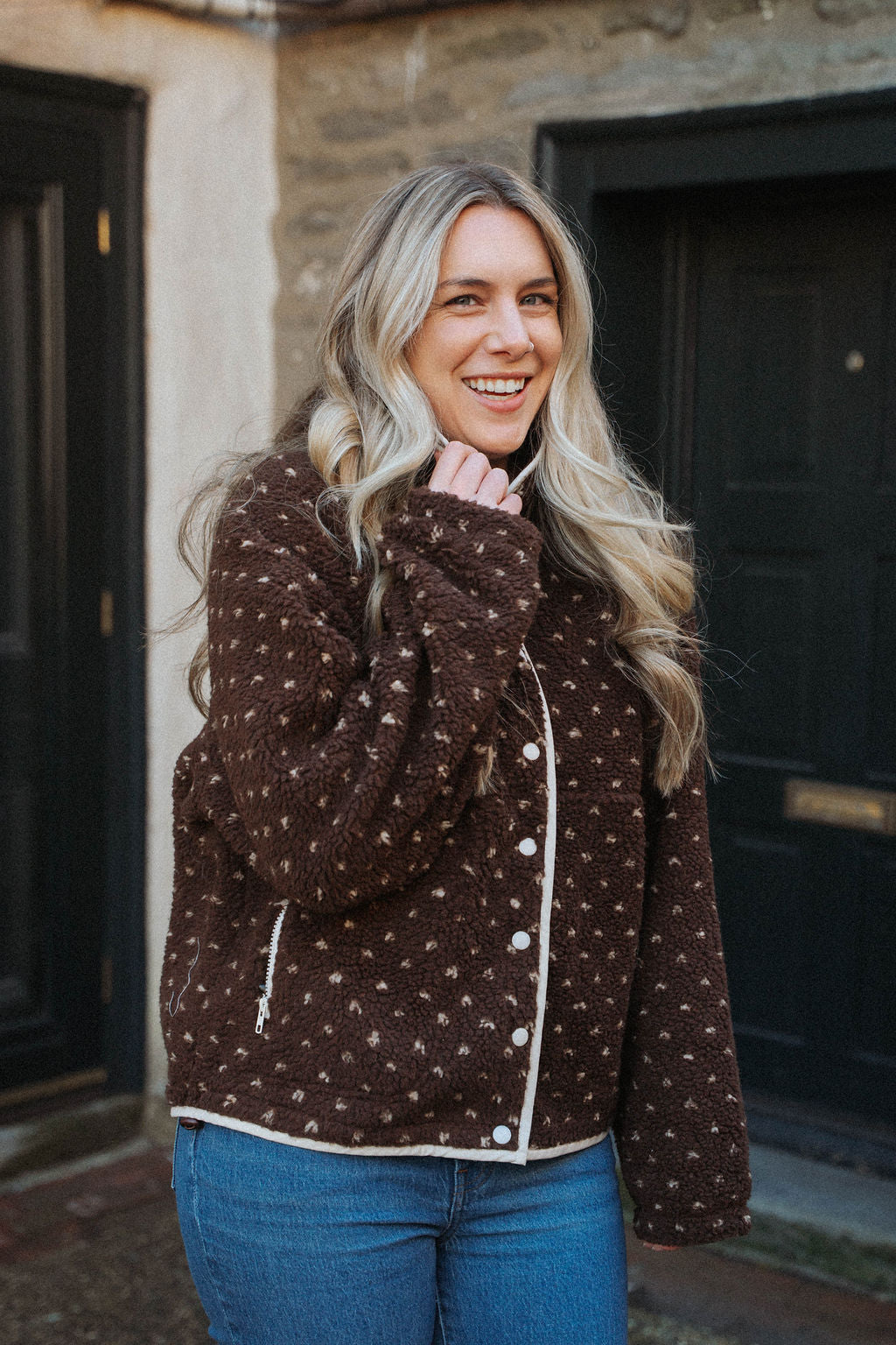 Sugar Cookie Sherpa Snap Jacket- Chocolate