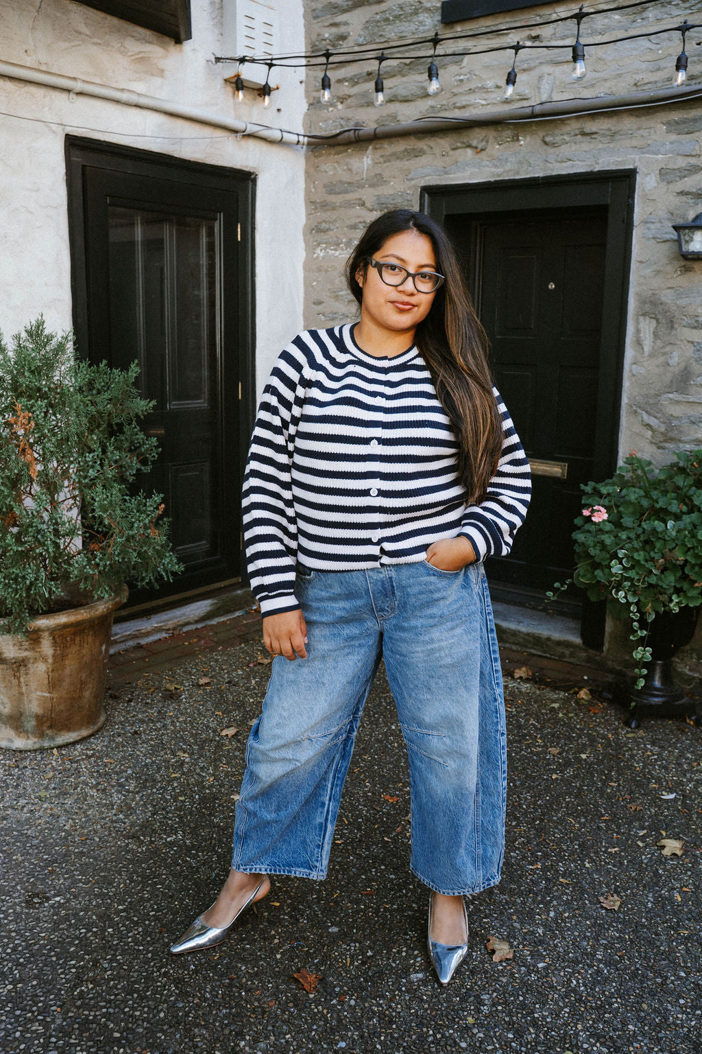 Stars Hollow Stripe Cardigan Sweater- Navy/Light Pink