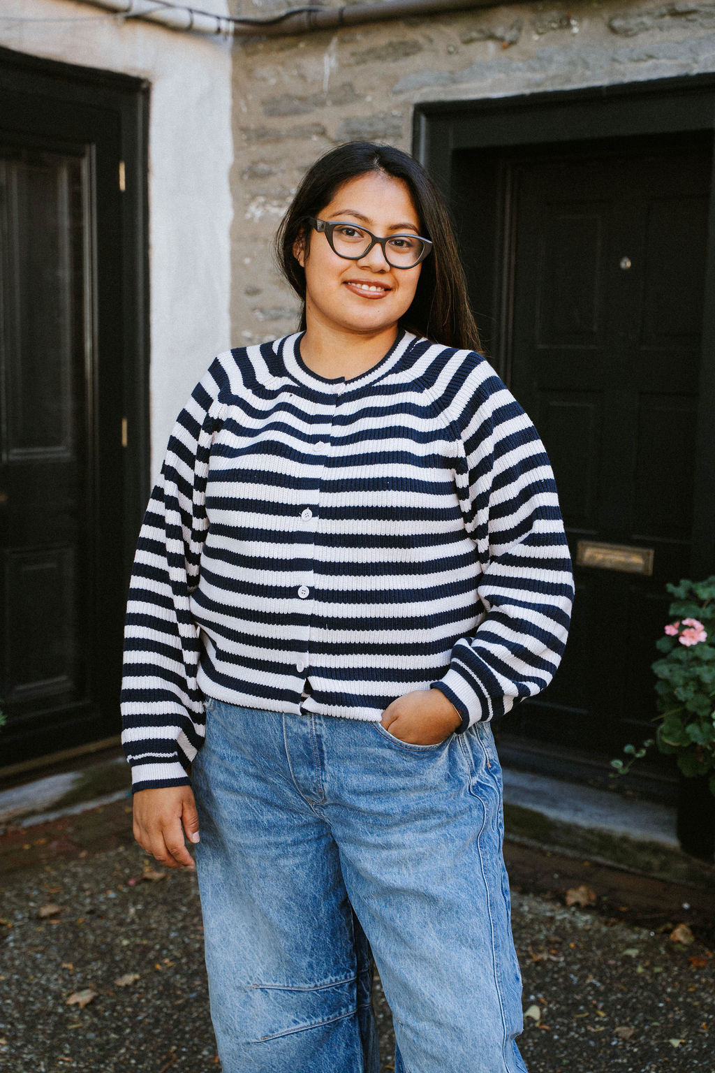 Stars Hollow Stripe Cardigan Sweater- Navy/Light Pink