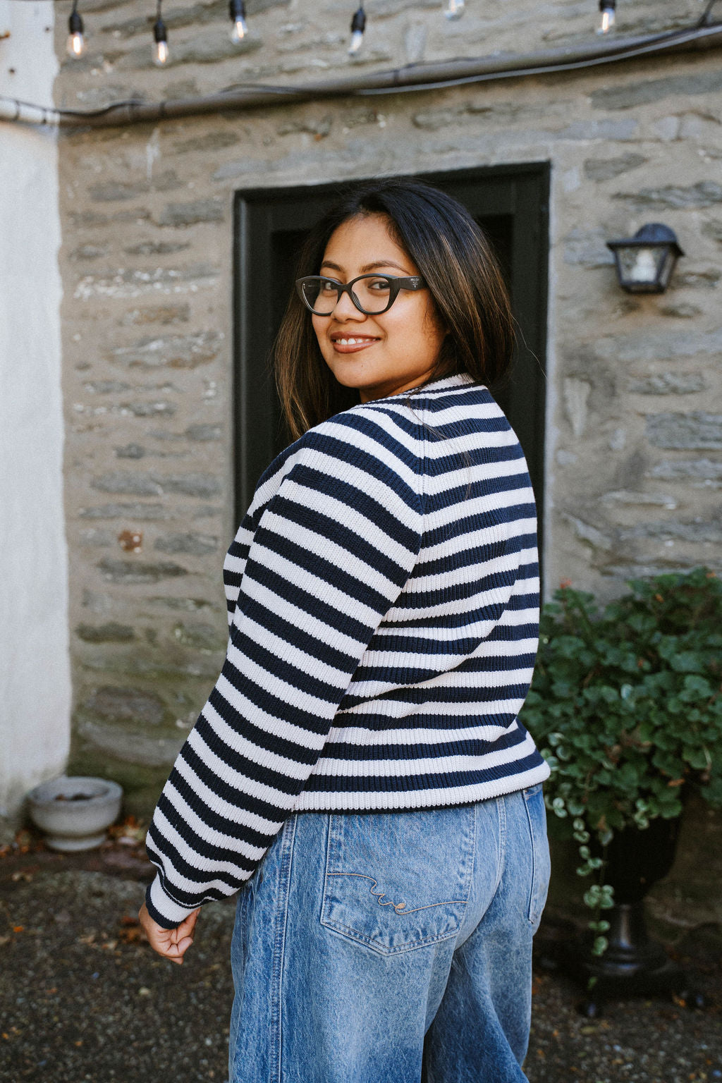 Stars Hollow Stripe Cardigan Sweater- Navy/Light Pink