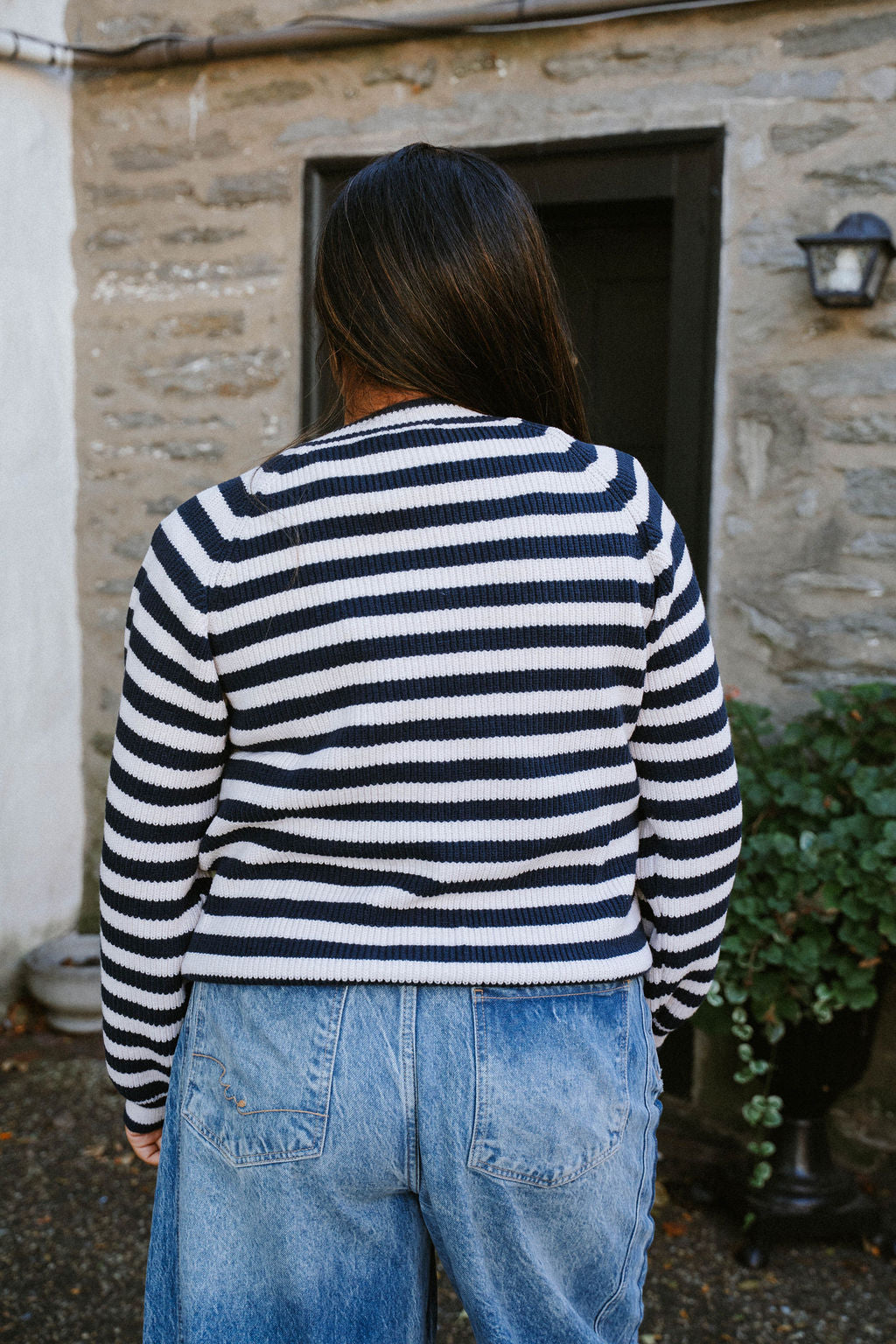 Stars Hollow Stripe Cardigan Sweater- Navy/Light Pink