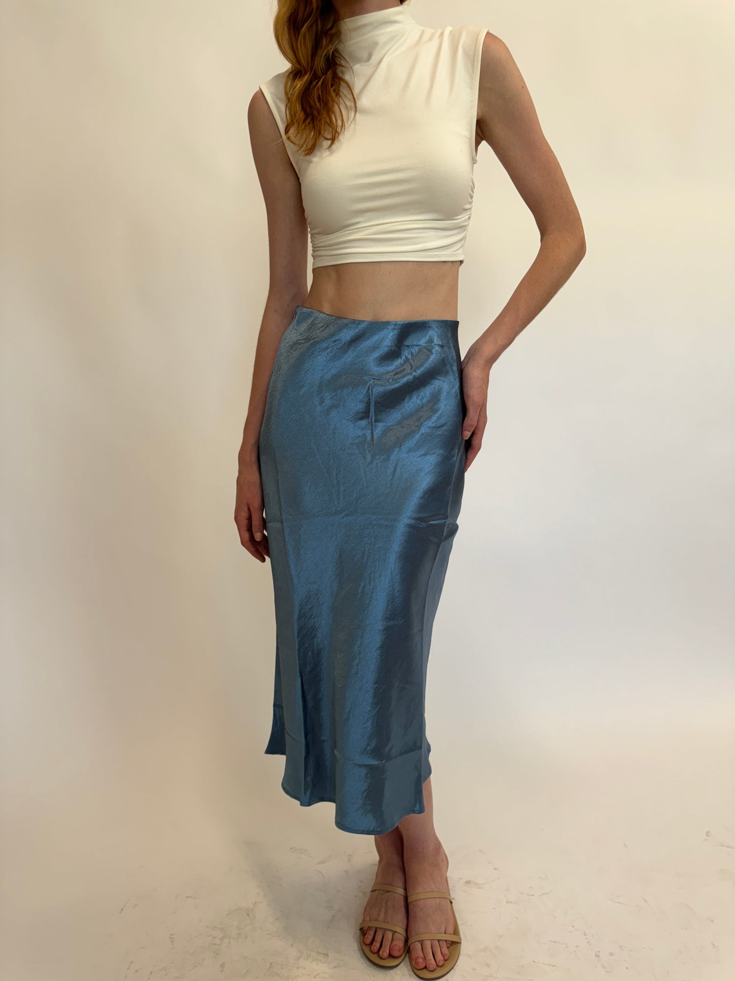 Satin Midi Skirt- Light Blue