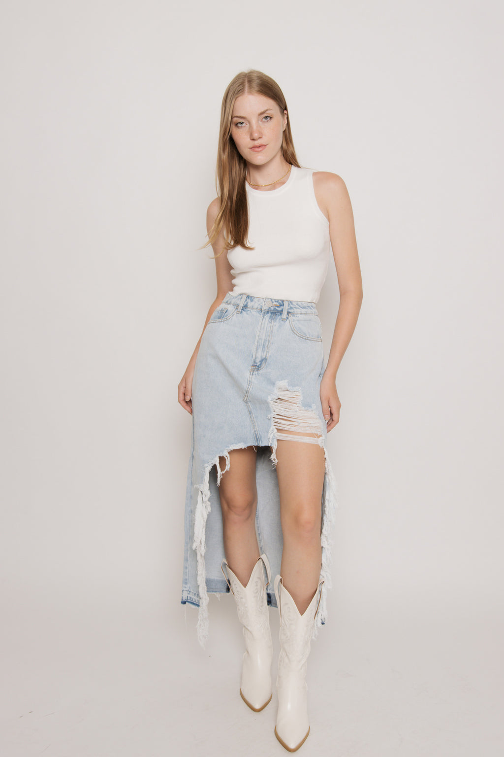 High Rise Distressed Denim Maxi Skirt