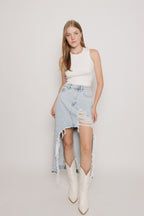 High Rise Distressed Denim Maxi Skirt