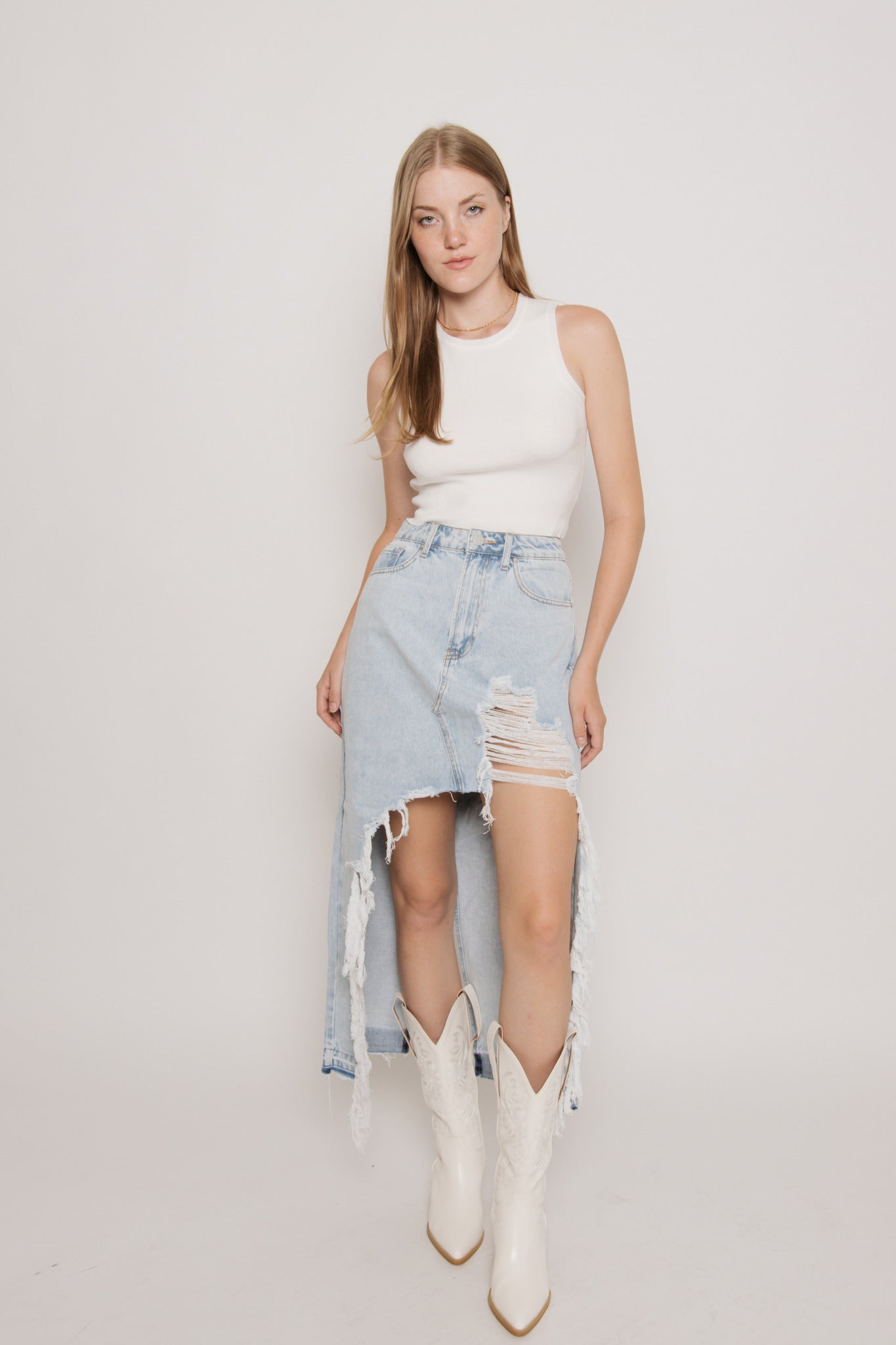 High Rise Distressed Denim Maxi Skirt