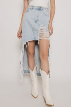 High Rise Distressed Denim Maxi Skirt