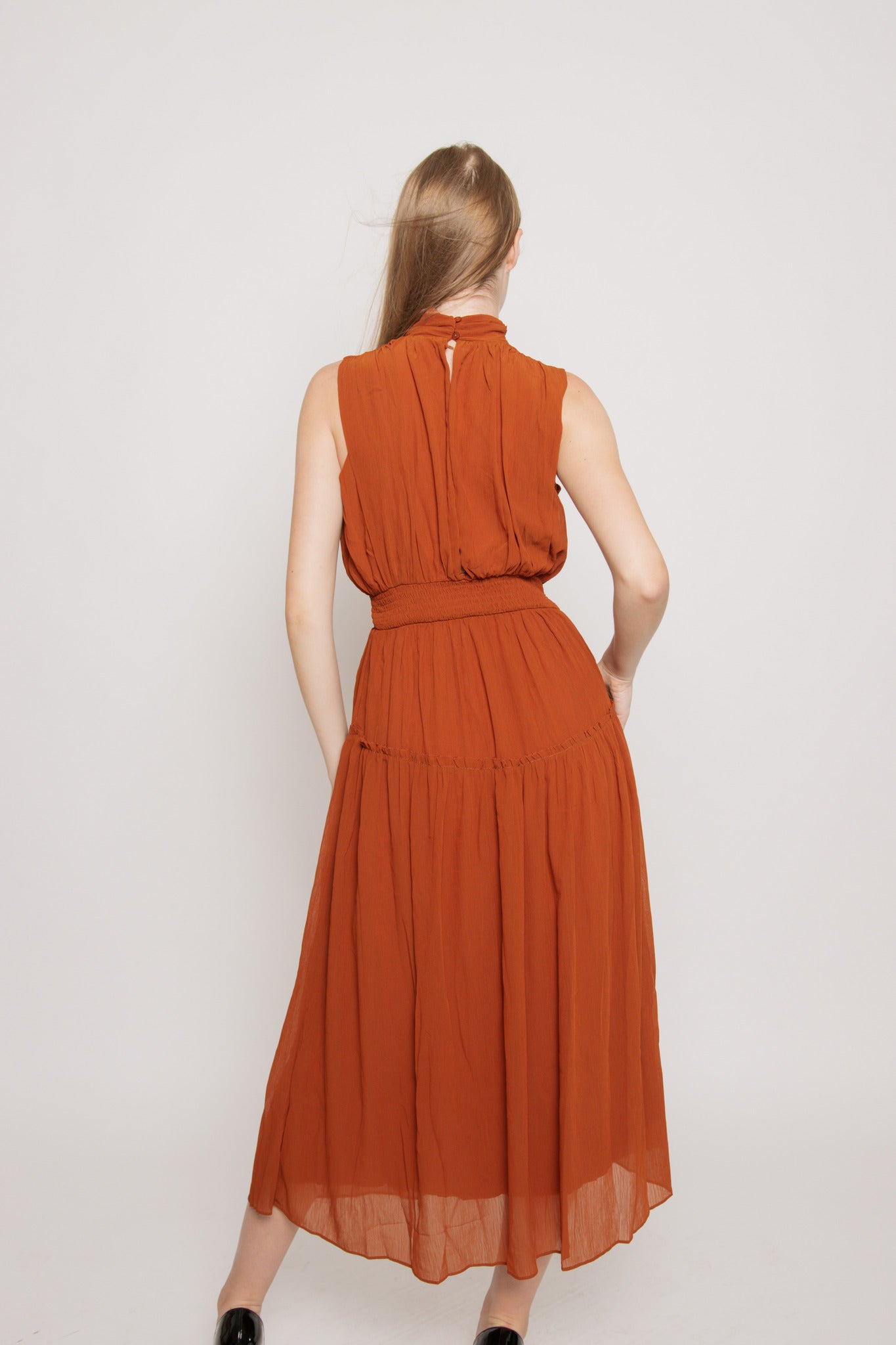 maxi dress rust Cecelia a double lined bust and a thigh high leg slit billy j victoria maxi dress