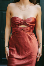 crimson satin strapless maxi with ruched detailing