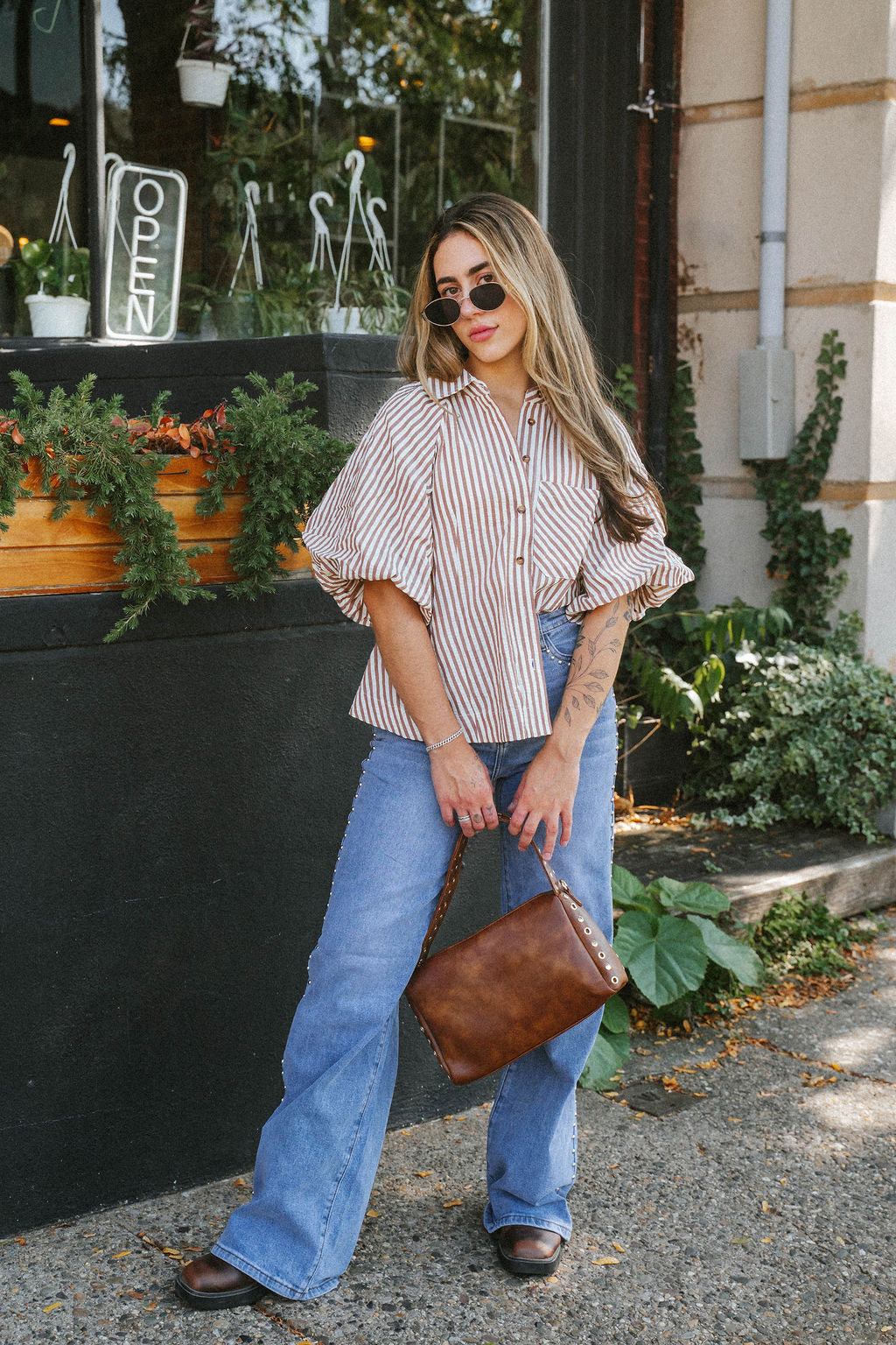 Florence Striped Blouse- Mocha