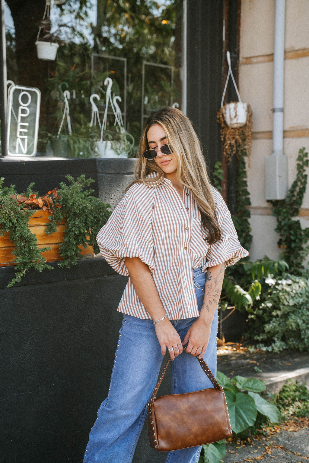 Florence Striped Blouse- Mocha